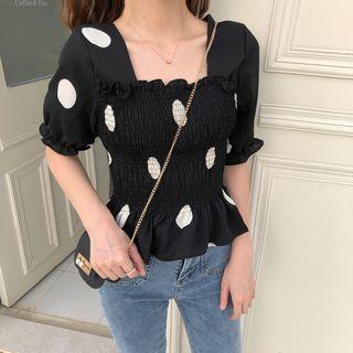 Square-neck Dot Puff-sleeve Top