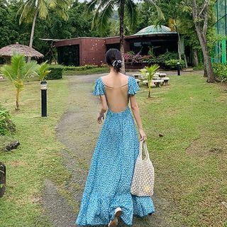 High Low Floral Open Back Short-sleeve Midi A-line Dress