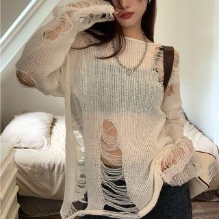 Distressed Knit Top White - One Size