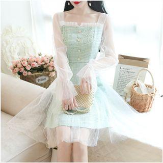 Mesh-sleeve Plaid Midi A-line Dress