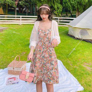 Set: Spaghetti Strap Floral Print Midi A-line Dress + Jacket