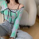 Contrast Trim Lettuce-edge Two-tone Plaid Camisole / Tie-front Bolero