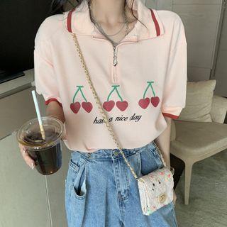 Short-sleeve Cherry Print Zip Polo Shirt Light Pink - One Size