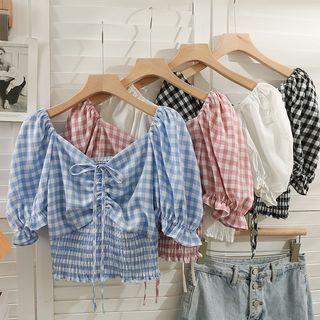 Checkerboard Drawstring Smocked Crop Top