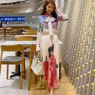 Set: Tie-neck Floral Blouse + Pleated Midi A-line Skirt