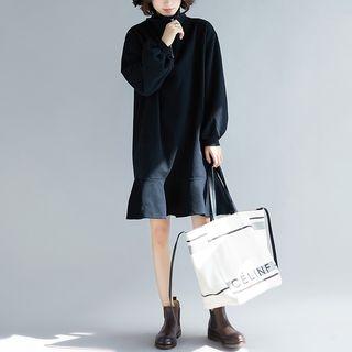 Half-zip Long-sleeve Ruffle-hem Pullover Dress