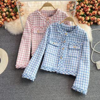 Round Neck Plaid Tweed Blazer