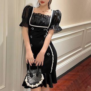 Short-sleeve Button-up Ruffle Hem Sheath Dress