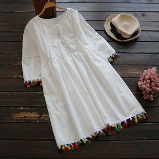 3/4-sleeve Tie-neck Tassel Tunic