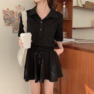 Set: Short-sleeve Plain Crop Polo Shirt / A-line Plain Skirt