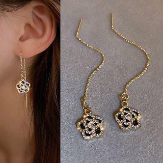 Rhinestone Drop Earring 1 Pair - Flower - Black & Gold - One Size