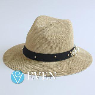 Faux-pearl Straw Fedora Hat