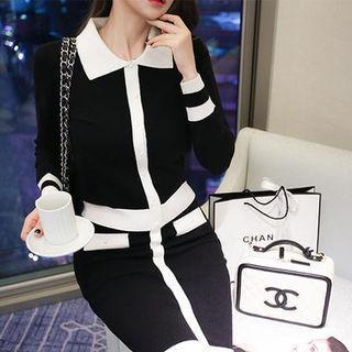 Set: Faux-pearl Buttoned Contrast-trim Cardigan + Knit Skirt
