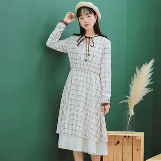 Long-sleeve Tie-neck Plaid Midi A-line Dress