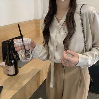 Long-sleeve V-neck Plain Shirt Almond - One Size