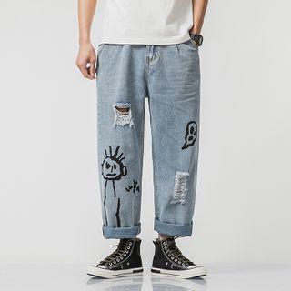 High-waist Distressed Printed Jeans