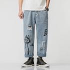 High-waist Distressed Printed Jeans