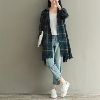 Fringe Hem Plaid Long-sleeve Shirt Dress
