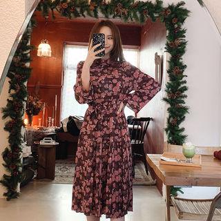 Pleated-hem Floral Print Dress With Sash Brown - One Size