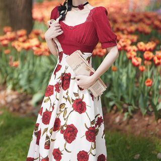 Set: Puff-sleeve Blouse + Floral Print Midi A-line Skirt
