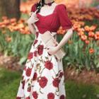 Set: Puff-sleeve Blouse + Floral Print Midi A-line Skirt