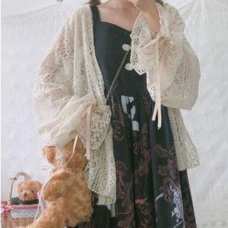 Sleeveless Frog Buttoned Printed Frill Trim Midi Dress / Lace Light Jacket