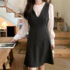 Long Sleeve Plain Top / V-neck A-line Pinafore Dress