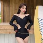 Long-sleeve Cut-out Chain Strap Swimsuit