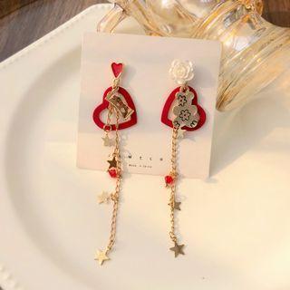 Heart Asymmetrical Alloy Fringed Earring 1 Pair - S925 Silver Pin Stud Earrings - Gold & Red - One Size