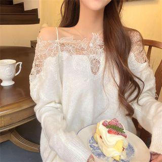 Lace Trim Cold-shoulder Sweater White - One Size