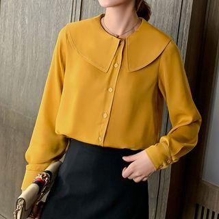 Contrast Stitching Collared Chiffon Blouse