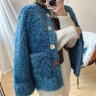 Fluffy Button Jacket With Scarf