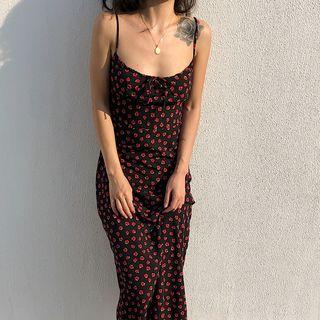 Spaghetti Strap Rose-pattern Midi Dress