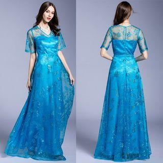 Short-sleeve Sheer A-line Evening Gown