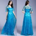 Short-sleeve Sheer A-line Evening Gown
