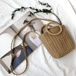 Hoop-handle Straw Bucket Bag
