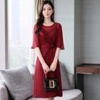 Mesh Panel Elbow-sleeve Tie-front A-line Dress