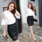 Set: Short-sleeve Lace T-shirt + Lace Fitted Skirt