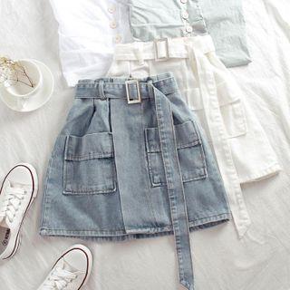 Pocket-detail A-line Denim Mini Skirt