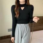 Puff-sleeve Ribbed Keyhole Knit Top