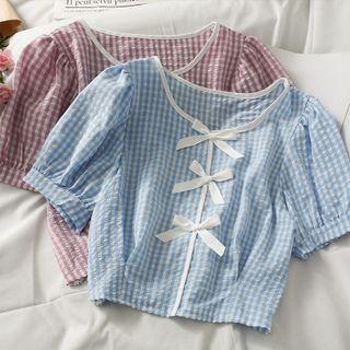 Checker Ribbon-accent Crop Top