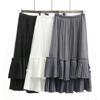 Mesh Panel Pleated Layered Skirt