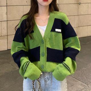 Striped V-neck Cardigan Green - One Size