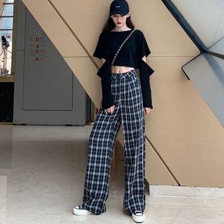 Long-sleeve Cropped T-shirt / Plaid Wide-leg Pants