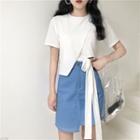 Irregular Hem Short-sleeve T-shirt / Contrast Stitching Straight-fit Skirt