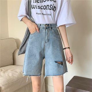 Distressed High-waist Wide-leg Shorts