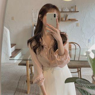 V-neck Ruffled Trim Puff-sleeve Chiffon Blouse