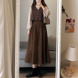 Floral Blouse / Vest / Midi A-line Skirt / Set