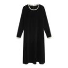 Flared-cuff Ruffled Trim Midi A-line Dress Black - One Size