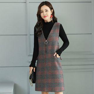 Plain Long-sleeve Knit Top / Plaid Jumper Dress